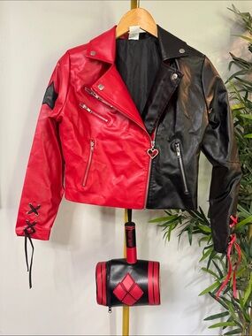 Two-Tone Red & Black Faux Leather Moto Jacket with Heart Zip and hammer bag EUC